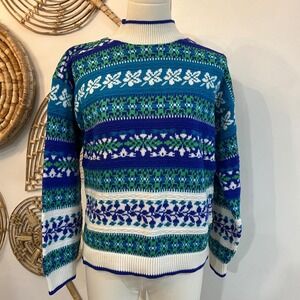 Alpine Vintage Fair Isle Nordic Ski Sweater Blue Green Knit Cabincore Grandpa S